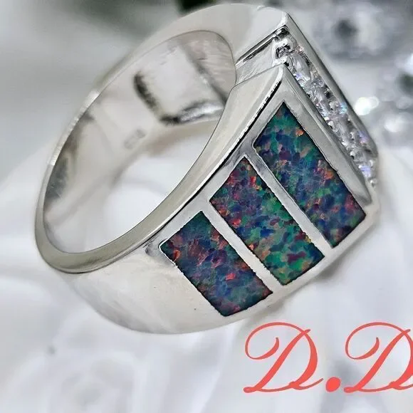 Moissanite & White Lavender Opal Cocktail Ring on 925 Sterling Silver - Picture 4 of 8